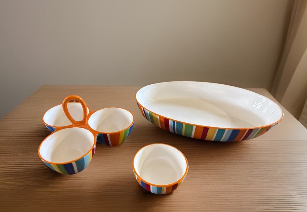 Crate & Barrel Raya Carnivale Stripe Serving Set Oval Bowl 3 Section Condiment
